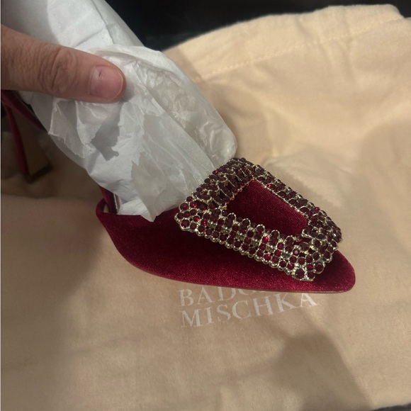 Badgley Mischka Red Velvet Heels with Embellished Buckle - Picture 3 of 7